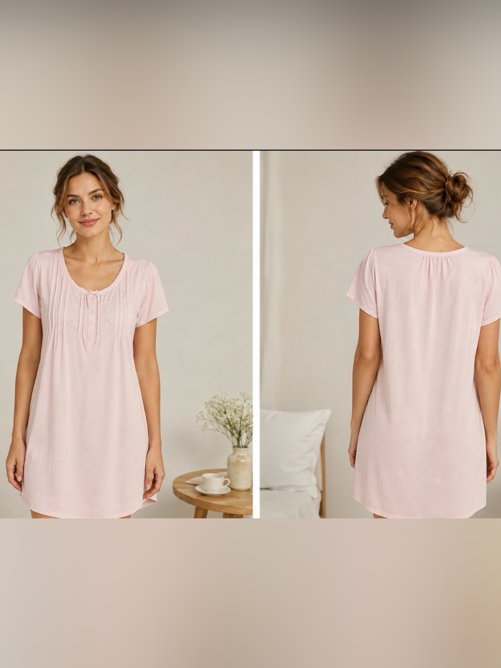 Miss Elaine Pale Pink Short Sleeve Em Lounging Nightshirt with Lace Trim Size XL